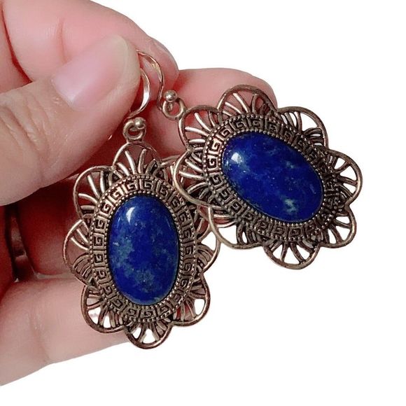 Barse Thai Oval Drop Dangle Earrings Lapis Lazuli Bronze Frame & Hook Marked 925 - Picture 1 of 4